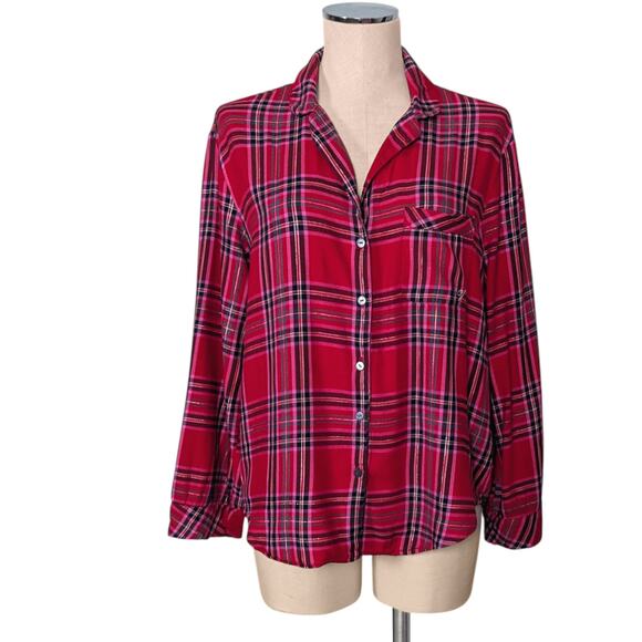 VICTORIA'S SECRET Flannel Plaid Shimmer Red Button Sleep Shirt Top Pajama S - Picture 1 of 3